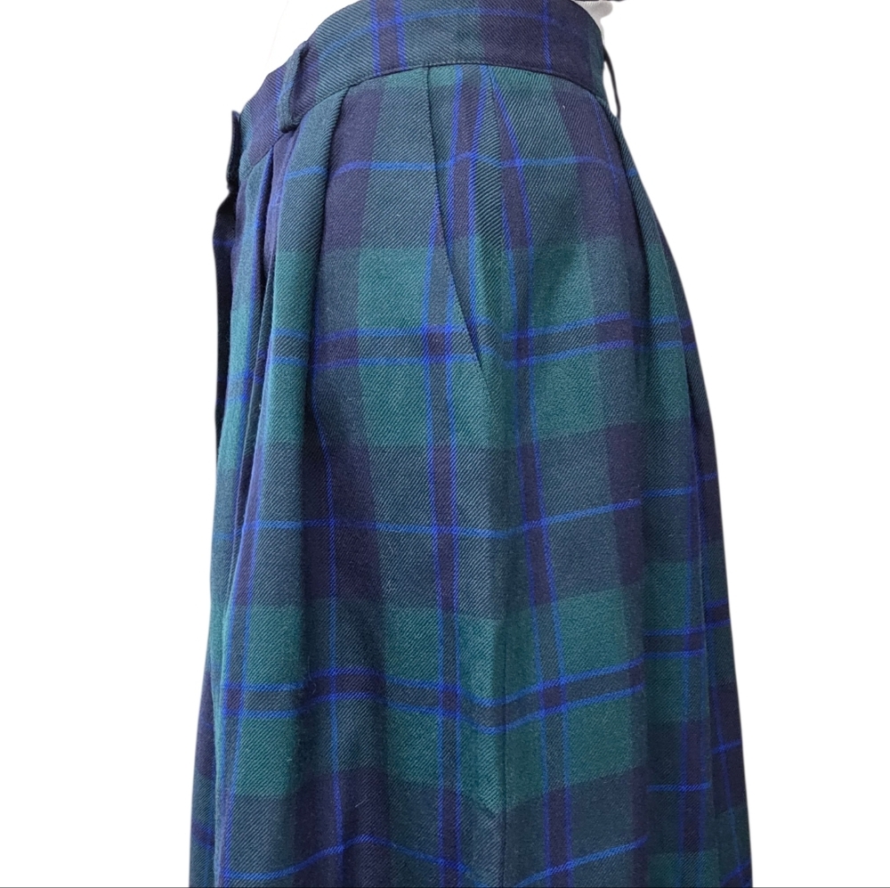 Vintage 90s Plaid Wool Midi Skirt Size 12 Green Tartan Button Front - Picture 5 of 11